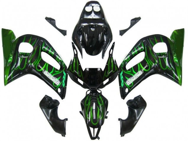 Carénage Moto Yamaha R6 98-02 - Noir Vert Flamme Carénage Moto Yamaha R6 98-02 - Noir Vert Flamme