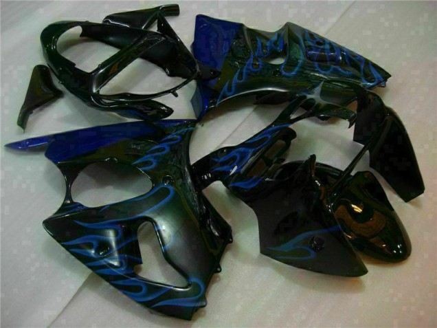 Carénage Moto Kawasaki ZX6R 00-02 - Noir avec Bleu Flamme Carénage Moto Kawasaki ZX6R 00-02 - Noir avec Bleu Flamme